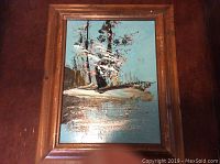 Framed original oil painting by Morris Katz showing tree and water scene with blue background.