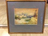 Photo of the full framed watercolour painting showing the river scene with soft colors and muted tones.