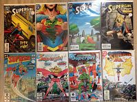 Front view of 8 Supergirl comic books laid out, showing vibrant covers with various cover art of Supergirl in dynamic poses and backgrounds.