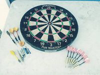 Full view of dartboard with darts and parts displayed around it on a table, showing condition and quantity of items in the lot.