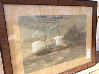 Framed hand colored steel engraving of H.M. Steam Frigate Geyser depicting the steam paddle sloop on water, showing wear on frame and water spots on the print.