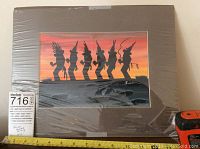 Framed and matted painting titled 'Yeis' by Benson Halwood wrapped in torn plastic packaging, showing scale with tape measure.