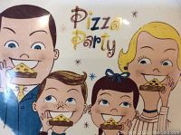 Close-up photo of the platter showing the cartoon family eating pizza with the text 'Pizza Party'