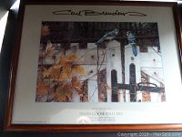 Front view of framed Carl Brenders gallery poster showing 'Talk On The Old Fence' featuring two blue jays on a wooden fence with autumn leaves.