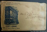 Front side of original advertising envelope sleeve for Sloan's Liniment with handwritten recipient name, showing dental stains and paper wear.