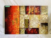 Abstract textured canvas painting with warm tones of orange, red, beige, and green in geometric and organic shapes.