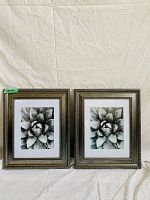 Two silver-tone framed monochrome floral art pieces side by side