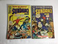 Photo showing two vintage 1960s Skywald comics featuring The Sundance Kid Issues 1 and 2, with Western-themed illustrated covers and pricing details.