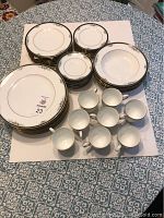 Full view of the set displaying dinner, lunch, dessert plates, cups, and saucers arranged on a surface