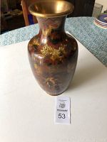 Front angled view of the tall brass cloisonne floral vase showing detailed enamel work.