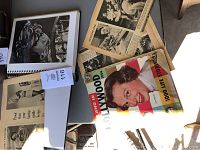 Photo showing a vintage Hollywood magazine from 1954, black-and-white actor headshots in an archival album, and vintage magazine articles.