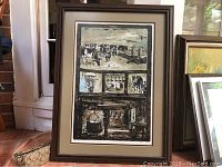 Framed French farm scenes print showing several monochromatic farm-related illustrations including cows and farm equipment in panels.