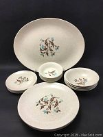 Photo showing the collection of ceramic plates and bowls arranged with a large oval platter behind them, displaying the floral pattern.