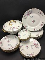 Overall view of entire 26-piece set including plates, bowls, and tureen with lid showing floral pattern and gold rims.
