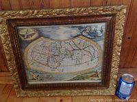 Full view of vintage map in ornate gold gesso frame with detailed relief patterns, measuring approximately 19.5 x 16.5 inches.