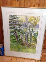 Framed watercolor painting of trees and nature by Jean Patterson, dated 1999