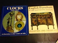 Photo showing two hardcover reference books side by side: 'Clocks' by Simon Fleet and 'English Furniture of the Eighteenth Century' by David Neighbour.