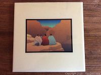 Front view of the 8 inch square tile art showing three Native Americans seated on rocks against canyon backdrop.