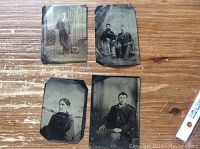 Overview of four antique tin type photos showing individual and group portraits.