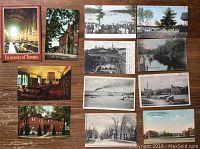 Shows 12 vintage postcards arranged on a wooden surface featuring University of Toronto, cityscapes, and river scenes.