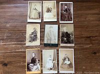 Nine small antique photographic portraits of men, women, and children in period dress, from late 19th to early 20th century.