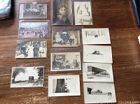 Photo of 13 arranged vintage photos showing various subjects including portraits, crowds, ships, and rural scenes.