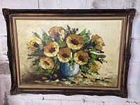 Front view of full painting in frame, showing floral arrangement of sunflowers in vase and entire ornate gold frame