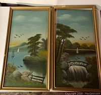 Pair of vintage framed oil paintings with nature scenes side by side showing overall condition and framing.