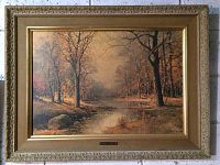 Frontal view of the framed print showing the full autumn landscape and ornate frame.