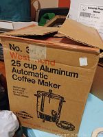 Original cardboard box for West Bend 25 cup aluminum automatic coffee maker with product illustration and branding.