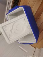 Photo of the cooler lid showing its white color, circular recessed design and interior surface