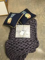 Two Allen and Roth throw pillows with pineapple design placed on the floor, alongside a new Pottery Barn Kids blanket still in packaging and two gray chunky knit blankets.
