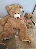 Large and smaller teddy bears sitting against wall with water bottle for size comparison.