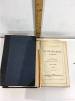 Image of open book showing title page of All The Year Round periodical by Charles Dickens, printed in 1869. Pages are slightly age toned.