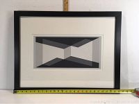 Front view of framed silkscreen print with measuring tape showing dimensions