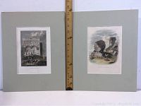 Photo showing two handcolored antique engravings from 1868 by W Tipping with mats and a ruler for size reference