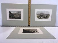 Three matted antique engravings shown with rulers for size reference, approx. 11.25 x 13.25 inches including mat