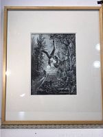 Framed black and white collage artwork titled Icarus, depicting a falling figure, trees, and classical architecture details, signed by Bowen.