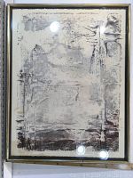 Frontal photo of abstract lithograph in frame under glass showing full artwork and condition.