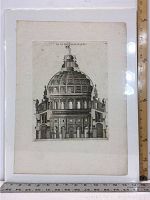 Full view of one engraving showing a sectional view of a Roman temple dome with a ruler for scale