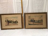 Both framed handcolored engravings side by side showing 'A Sporting Tandem' and 'A Hunting Phaeton' with measuring stick indicating frame height near 17 inches