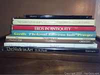 Side view of stack of erotica books showing titles and authors clearly on the spine.