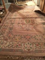 Full view of taupe and cream wool carpet with floral pattern, edges showing fringe, partially rolled corner.