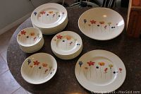 Countertop overview showing large serving bowl, shallow bowl, stacks of dinner plates, side plates and bowls