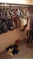 Closet rod with various purses hanging including leather, fabric, satin, and patterned types, with smaller clutches and wallets on the floor below.