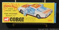 Original box artwork showing Corgi Toys Flower Power Stock Racing Car Ford Mustang Fastback 2+2 #348
