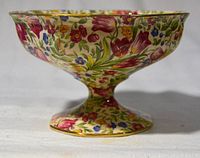 Side view showing detailed floral pattern and shape of octagonal dish with pedestal base.