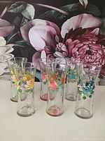 Photo showing six clear glass drinking glasses arranged in two rows, each decorated with different handpainted floral patterns near the rim