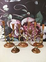 Full view of all five copper candle holders arranged with floral backdrop.