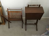 Two wooden furniture items: a sewing box on a stand and a folding magazine rack, both in similar wood tones and vintage style.